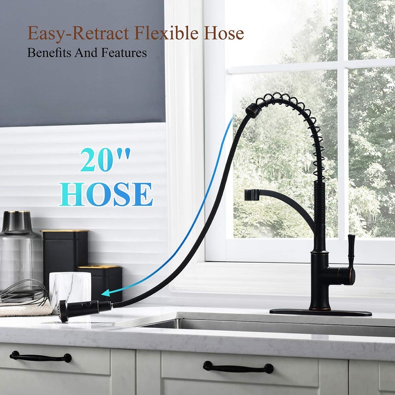 GUUKAR Bronze Kitchen Faucet with Pull Down Sprayer, Oil Rubbed Bronze Single Handle High Arc Commercial Farmhouse Kitchen Sink Faucet with Deck Plate - Image 3